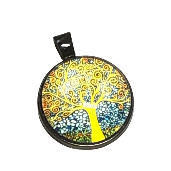 Tree Of Life Pendant Necklace Art Glass Yellow Blue Dome Black Alloy Boho Gift - Picture 2 of 6